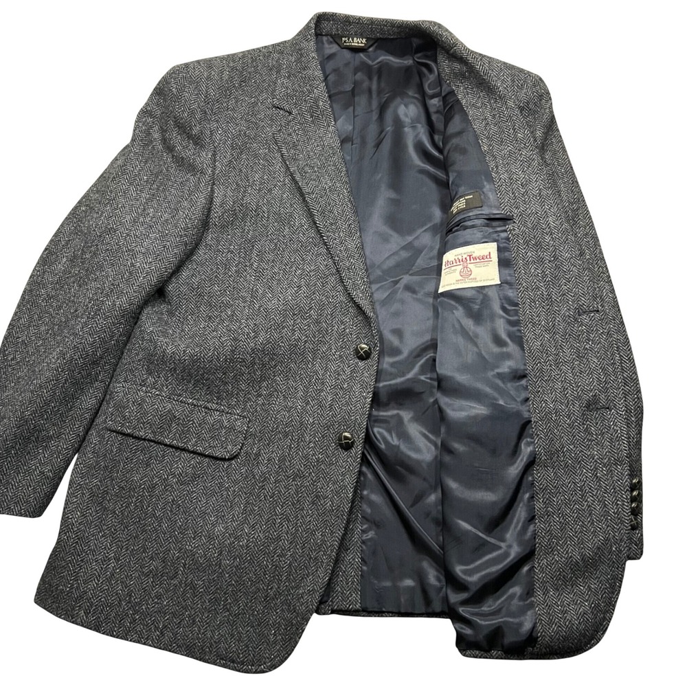 Jos A Bank Harris Tweed Wool Blazer 44R Gray Blue Herringbone Sport Coat Mens